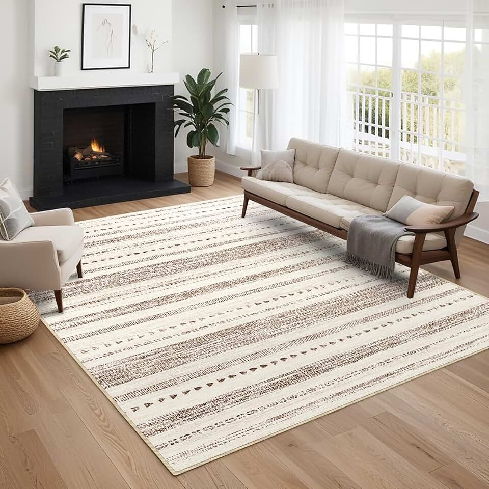 10x14 Large Area Rug: Soft Ultra Thin Machine Washable Farmhouse Area Rugs for Living Room Non-Slip Neutral Modern Geometric Indoor Floor Carpet for Bedroom Under Dinning Table Brown/Cream