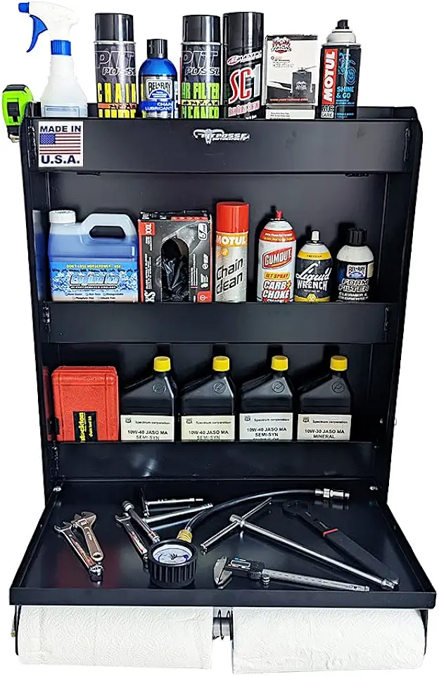Pit Posse 445BK Trailer Door Cabinet Organizer Senior Work Station Storage - Made in USA - Flip Out Work Tray Spring Loaded Paper Towel Tensioner Aluminum Garage Bike Trailer Shop 25 x 6 x 30 (Black)