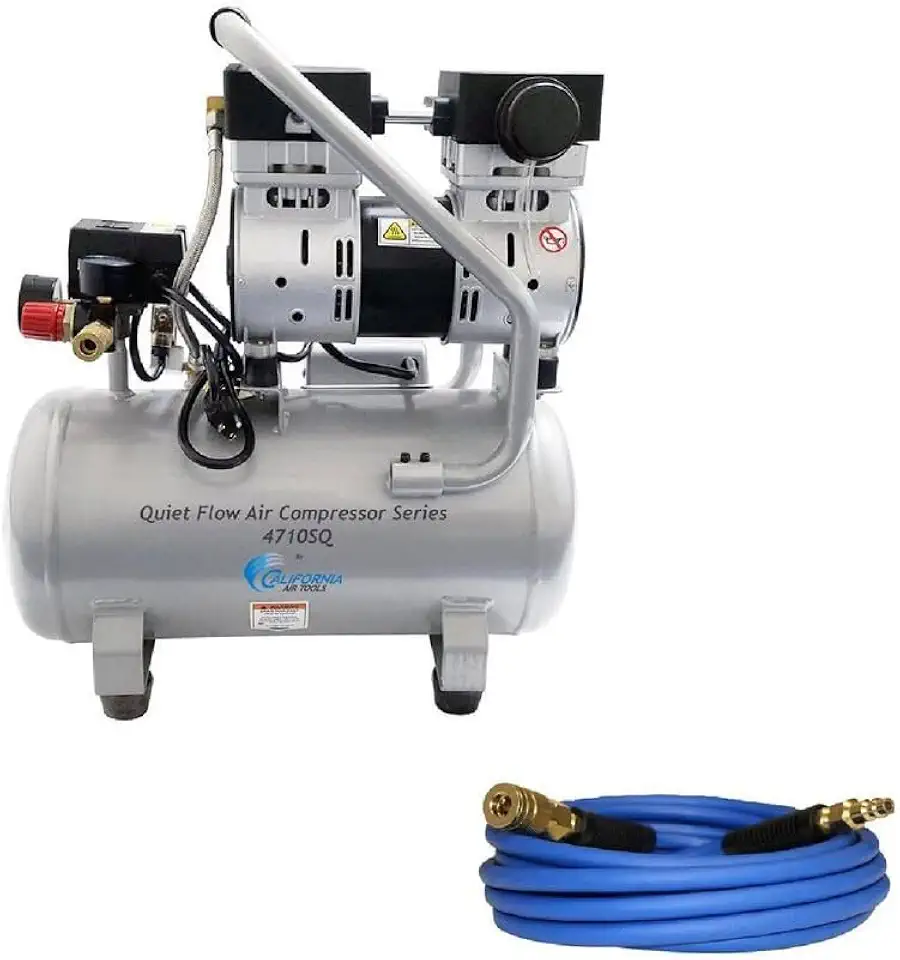 California Air Tools 4710SQH Quiet Flow 1.0 Hp, 4.7 Gal. Steel Tank Air Compressor with 25' Hybrid Air Hose