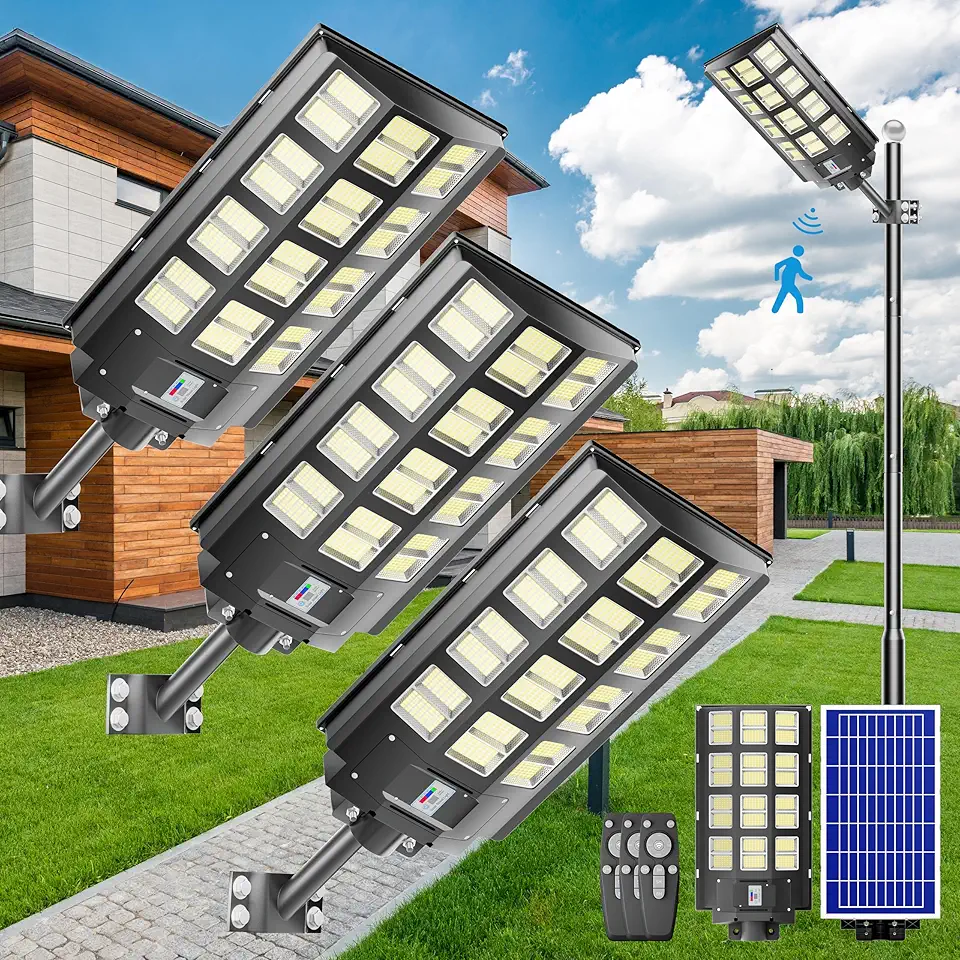3-Pack 3200W Solar Street Light-240000LM IP67 Waterproof, Dusk to Dawn,Solar Street Lights Outdoor,with Motion Sensor Remote Control,and Wide Angle Lamp,Solar Parking lot Lights