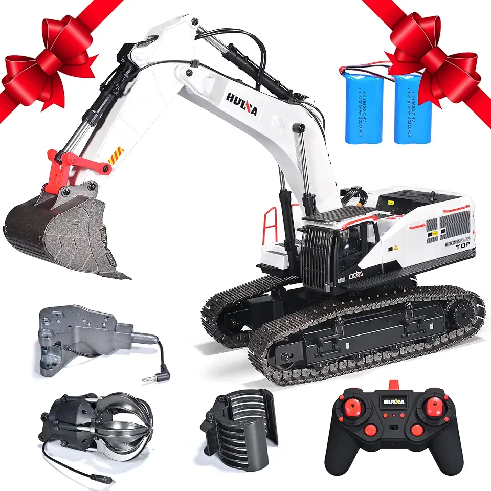 HUINA 1594 RC Excavators for Adults Metal 1:14 Scale Professional Digger Construction Vehicle Hobby Gift Remote Control Tractor Crawler Toy Lights Sounds – 4 attachments and 2 Batteries