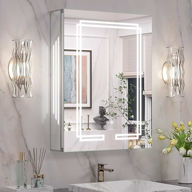 Keonjinn 20x26 Inch Lighted Medicine Cabinet with LED Vanity Mirror for Bathroom Adjustable Shelves Dimmable 3 Color Temperature Lights Wall Mount LED Medicine Cabinet Mirror for Bathroom Décor