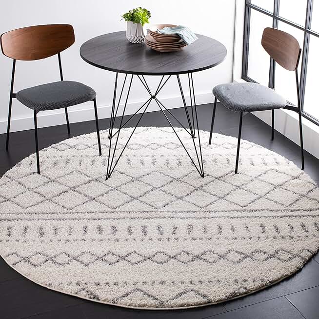 SAFAVIEH Arizona Shag Collection Area Rug - 8' Round, Ivory & Grey, Moroccan Design, Non-Shedding, 1.6-inch Thick, Ideal for High Traffic Areas in Living Room, Bedroom (ASG741F-8R)