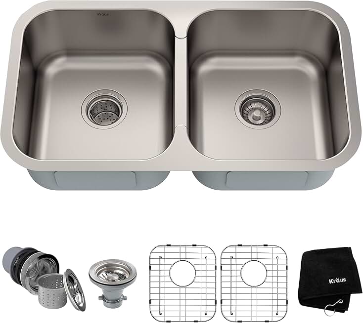KRAUS Premier 32-inch 18 Gauge Undermount 50/50 Double Bowl Stainless Steel Kitchen Sink, KBU29