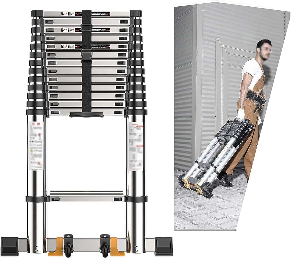 Extendable Ladders 5m/4m/3m/2m Aluminum Telescoping Ladder, Folding Extension Ladder with Stabilizer Bar and Pulley, for RV Home Roof, 330 LBS Capacity (Color : Silver, Size : 3.9m