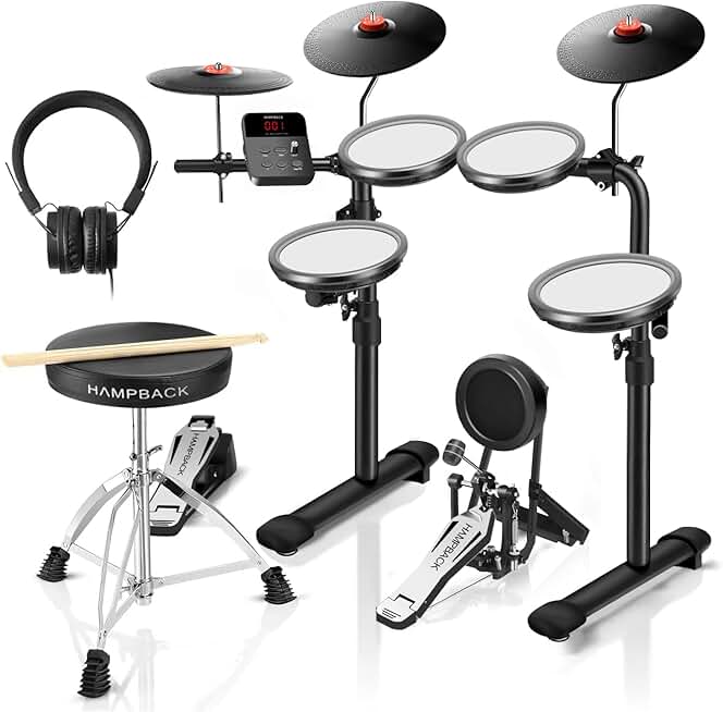 MK-0 PRO Electric Drum Set with 4 Quite Mesh Drum Pads, 3 Full Rubber Crashes, Bass Drum, 12 Kits and 68 Authentic Sounds, USB MIDI, Throne, Sticks, Headphone, 2 Pedals for Beginners, Kids