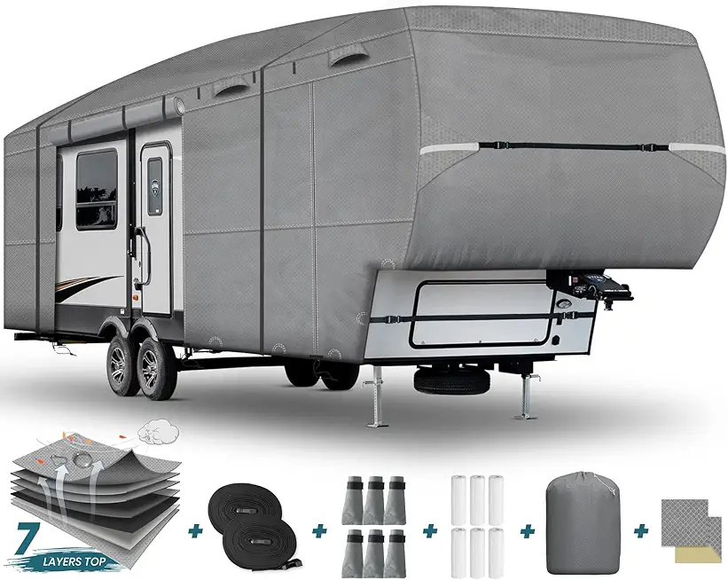 5th Wheel RV Cover 37' - 41', 7 Layers Top Durable Non-Woven with Cotton Fifth Wheel Camper Tarp Anti-Scratch Breathable RV Motorhome Covers Gray with 2 Extra Windproof Straps, 6 Gutter Covers