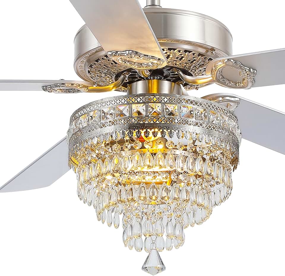 Asyko Crystal Ceiling Fan Fandelier with Lights and Remote Control，52