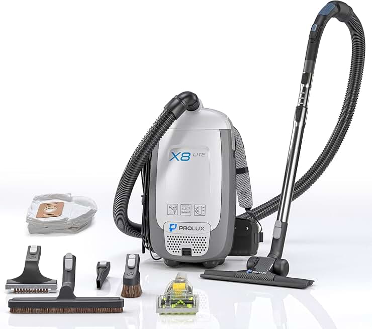 Prolux X8 Lite Backpack Canister Vacuum Cleaner, Adjustable Straps, Lightweight with HEPA Filter, Multi-Surface Cleaning Tools, Ideal for Residential Use