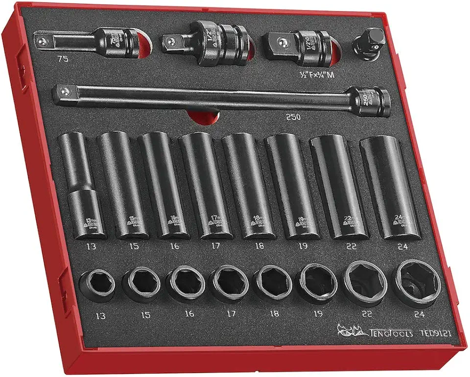Teng Tools 21 Piece 1/2 Inch Drive 6 Point Regular & Deep Impact Socket Set In EVA Tray - TED9121, Silver