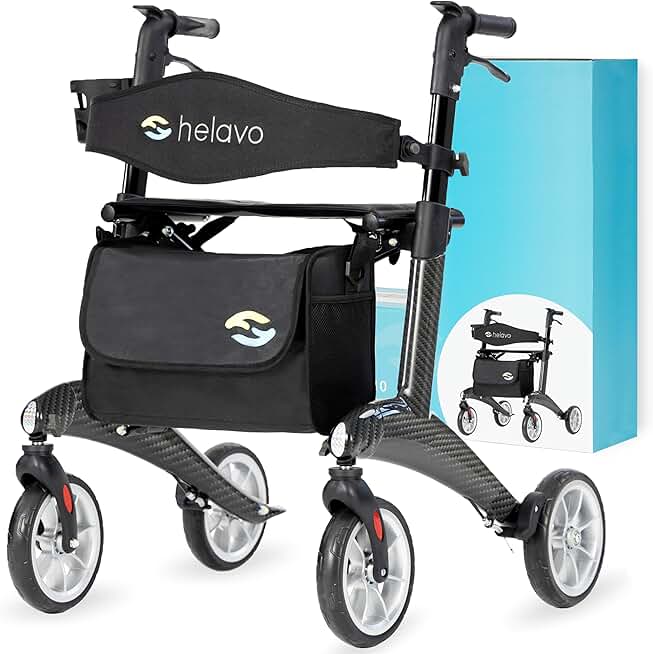Helavo Ultralight Carbon Fiber 4-Wheel Rollator Walker for Seniors - Lightweight (12.3 lbs), 25.2