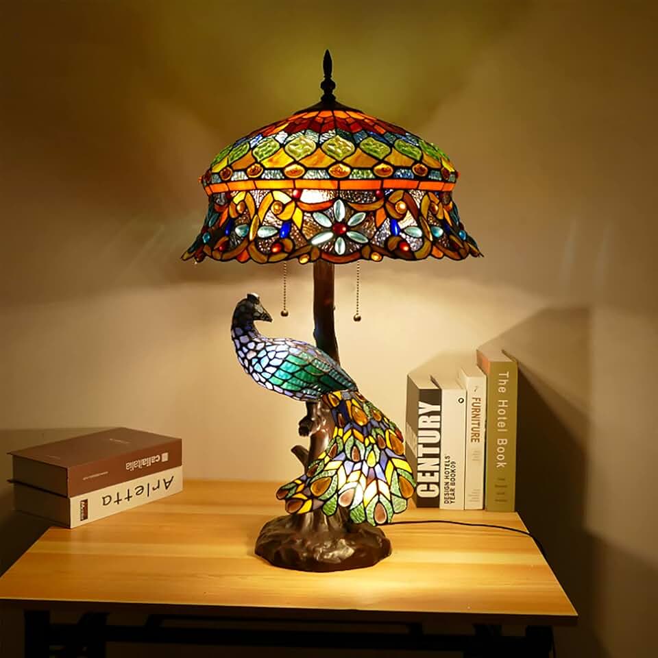 Peacock Tiffany Style Stained Glass Table Lamp, Vintage Handmade Decorative Desk Lamp Pull Cord Switch Reading Lamp for Living Room, Bedroom, Wedding Room, Villa,Hat