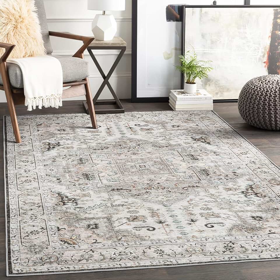 Area Rug 9x12 - Anti-Slip Backing Washable Rug - Stain Resistant Rugs for Living Room,Bedroom & Dining Room,Vintage Printed Area Rugs (Brown/Ivory,9'x12')