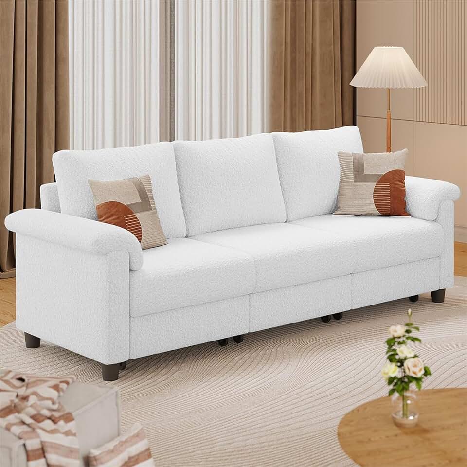 Gizoon Mohair 3 Seater Sofa, Comfy Couch with 3 Drawers, Modern Storage Sofa for Living Room Apartment Lounge (White)