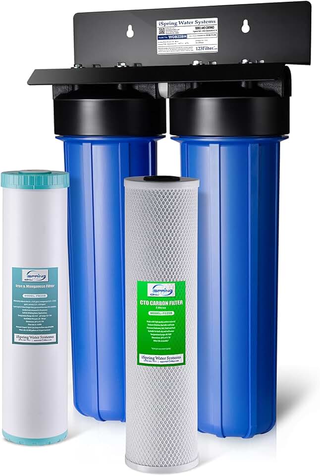 iSpring Whole House Water Filter System, Highly Reduces Iron, Manganese, Chlorine, Taste, Odor, 2-Stage Whole House Water Filtration System, Model: WGB22BM, 1