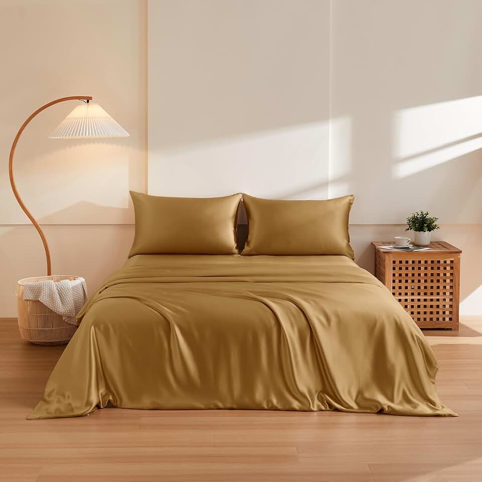 THXSILK 100% Pure Mulberry Silk Duvet Cover Set 3 Piece, 6A+ Grade Luxury Soft Bedding Silk Sheets for Hair and Skin, 1 Pcs Quilt/Comforter Cover with 2 Zippered Pillowcases (Metallic Gold, Twin)