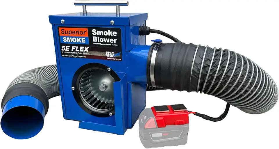 Superior 5E Flex Cordless Smoke Blower with Power-Tool Battery Adapter. Locate Leaks and Sources of Sewer Gas in DWV Drain Systems and Sewer Lines. (Milwaukee-Style Battery Adapter)