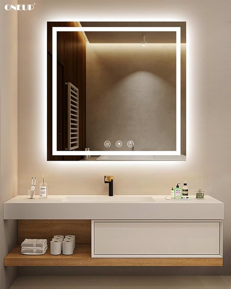 oneup 36''x36'' Bathroom Mirror with Lights,Front Lighted Sqaure Bathroom Mirrors for Wall,Anti-Fog Vanity Mirror,Touch Button and Memory Function,Dimmable 3-Color Lights (Horizontal/Vertical)