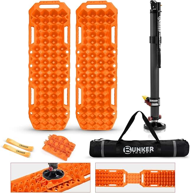 BUNKER INDUST Pair Traction Boards with Jack Lift Base Orange + Hydraulic Lift Jack
