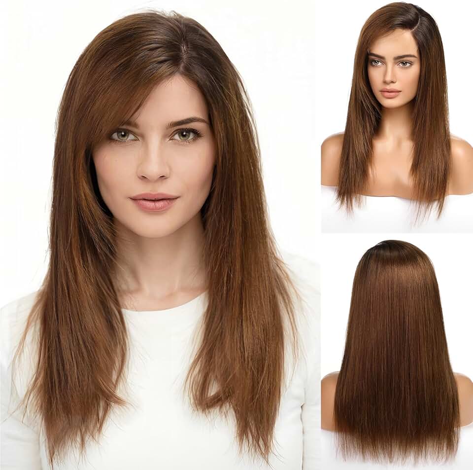 KKU 18 Inch Ombre Brown Human Hair Wigs for Women,Layered Straight Hair Wig with Side Bangs,Wear Natural Realism