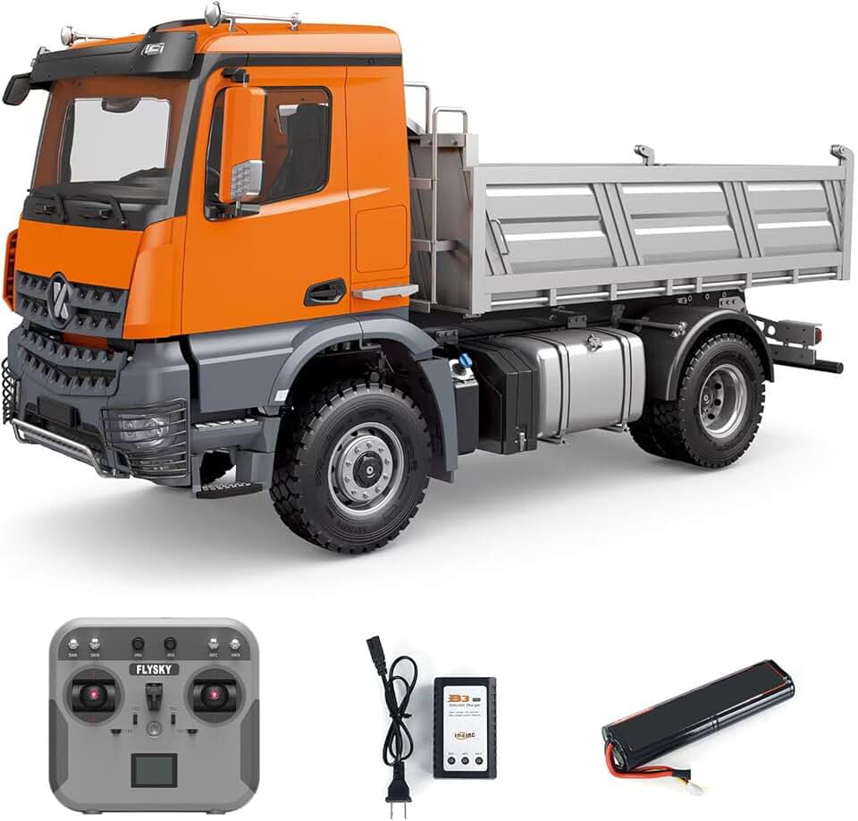 1/14 4x4 Kabolite 5701 RC Dump Truck Remote Control Dumper Car 2-Speed Transmission 3 in 1 Mainboard Motor Servo Sound Light Truck Model(Orange)