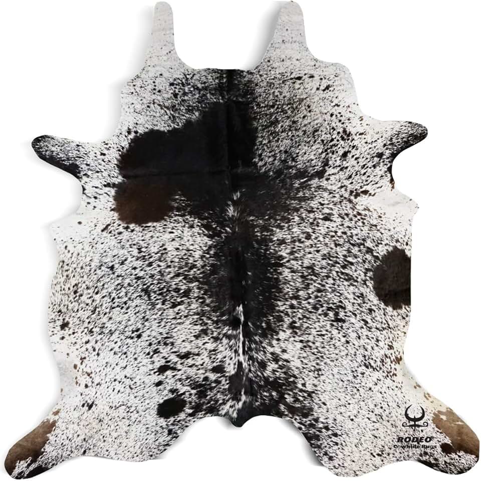 rodeo Salt and Pepper Cowhide Rug Brazilian Cow Skin Rug Brown/Tricolor/Black Cow hides Size XXL Approx 7x8 ft (213cmx243cm) cowhides Premium Quality (Black and White)