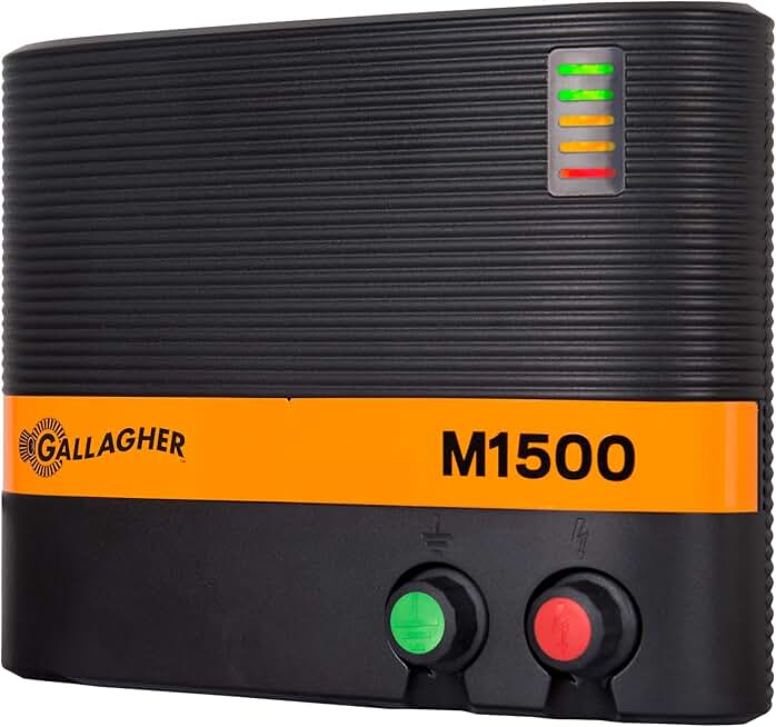 Gallagher M1500 Electric Fence Charger | Powers Up to 160 Miles / 900 Acres of Clean Fence | ​15 Joules, 110 Volt Energizer, Added Power Reserve | Unbeatable Reliability | Easy Installation