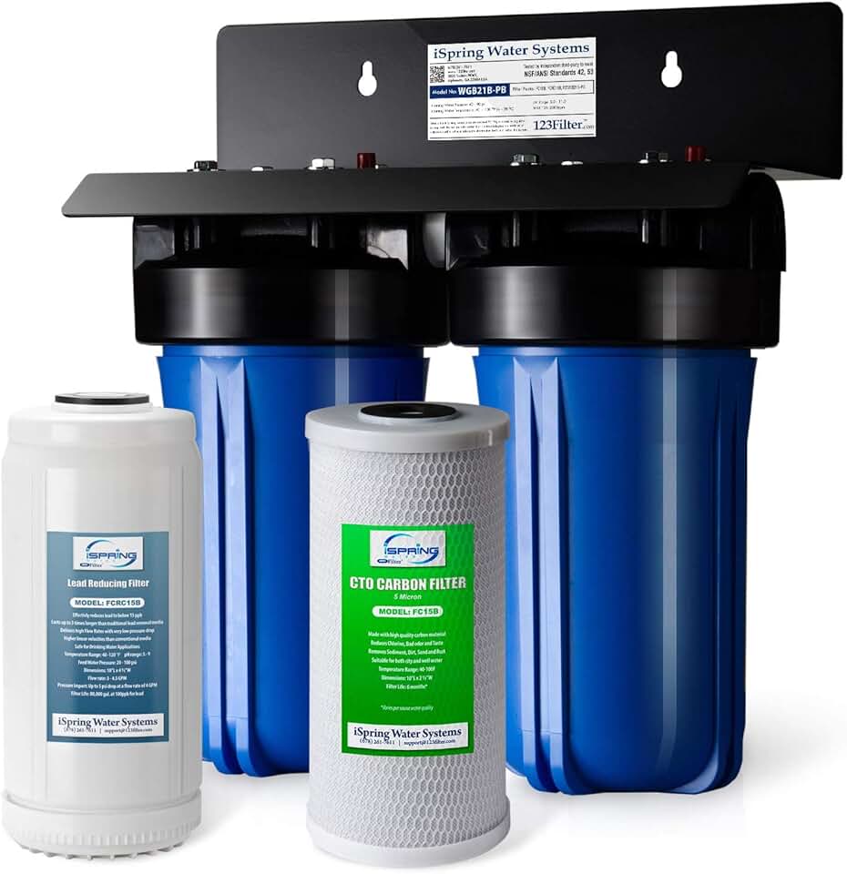 iSpring WGB21B-PB 2-Stage Whole House Water Filtration System w/ 10” x 4.5” Carbon Block FC15B and Lead Reducing Filter FCRC15B, 1