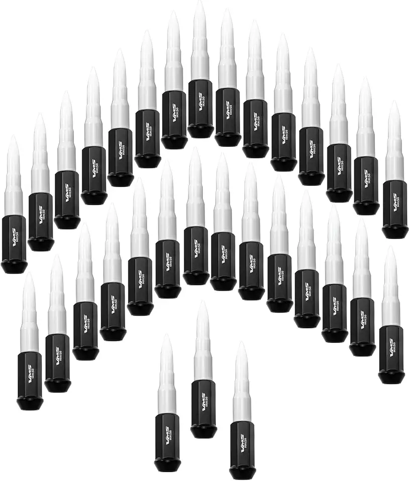 14x1.5 32PC 124mm Cold Forged Steel Lug Nuts with White Extended Bullet Tips in CNC Aluminum Compatible with Ford F250 F350 05-25 2005-2025 with 8 Lug Wheel Pattern