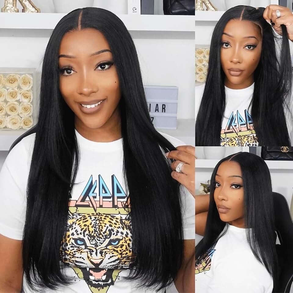 Julia Hair Bye Bye Knots Glueless Wig Yaki Human Hair Lace Wig Invisible Knots Put On and Go Pre Cut 7x5 Lace Front Wigs for Beginners Pre Bleached Pre Plucked No Glue150% Density 26 Inch