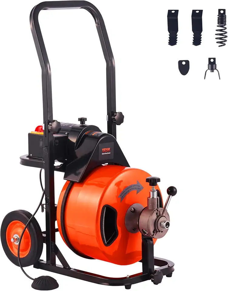 Drain Cleaner Machine 100FT x 1/2Inch Auto Feed Sewer Snake Auger with 4 Cutter Air-activated Foot Switch for 2