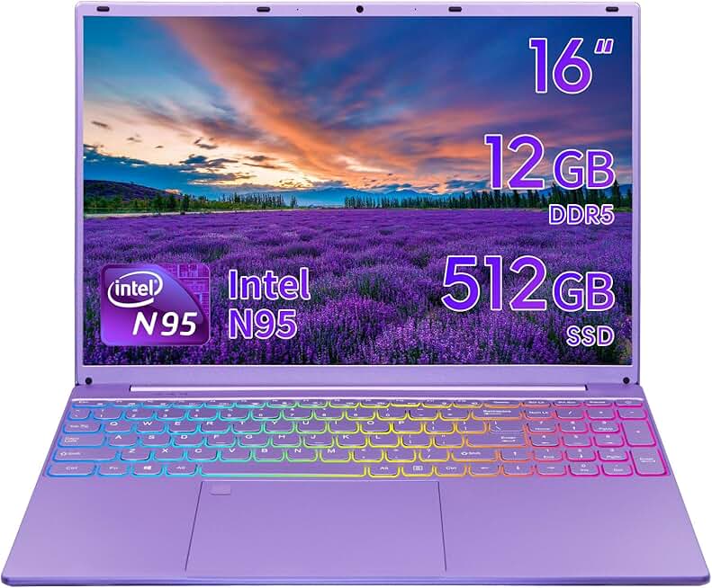 Laptop Computer,16 Inch Narrow Bezels FHD IPS Display,Intel N95 Up to 3.4Ghz，12GB DDR5，Windows 11 Laptop with Quad-Core，Color Backlit KB/Fingerprint Unlock/USB/Bluetooth Purple/512GB