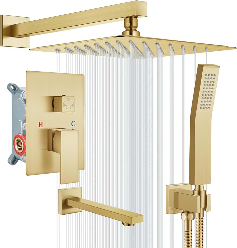 gotonovo Shower System Set with Tub Spout 3 Function Wall Mounted Shower Faucet Combo Rainfall Shower Head and Handheld Spray Rough-in Valve Shower Trim Kit 12 Inch Brushed Gold