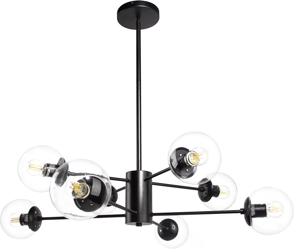 8-Light Globe Sputnik Chandelier Modern Black Sputnik Chandelier Mid Century Globe Pendant Light Matte Black Finished with Clear Globe Glass Lampshade Sputnik Chandelier for Dining Room Bedroom