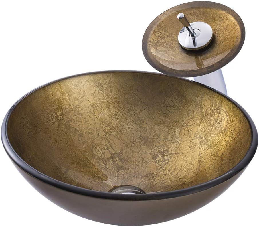 HomeLava Vessle Sinks Contemporary Round Basin Foil Covered Tempered Glass Bathroom Sink with Waterfall Faucet