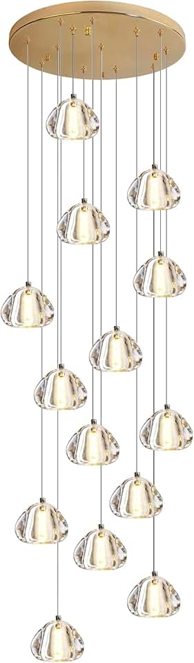 Modern Crystal Chandelier 14-Lights High Ceiling Raindrop Chandelier Lighting Fixture, Large LED Round Indoor Lighting Fixture Gold for Foyer Staircase Living Room