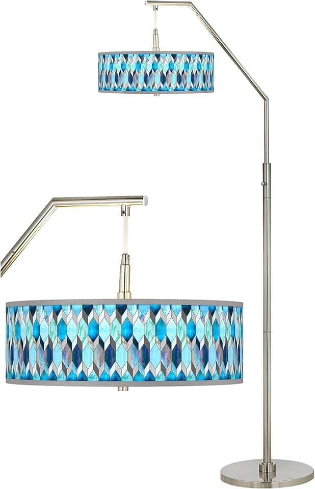 Blue Tiffany-Style Giclee Print Shade Arc Floor Lamp