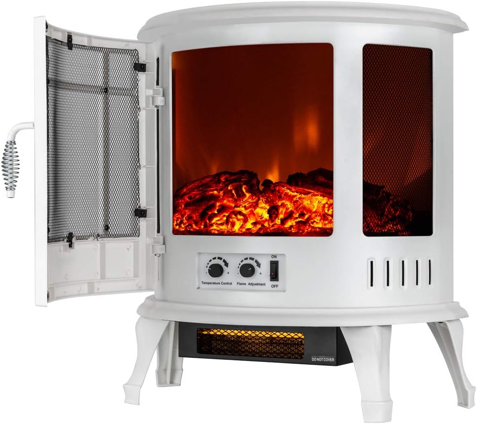 Regal Freestanding Electric Fireplace Stove - 3-D Log and Fire Effect (White)