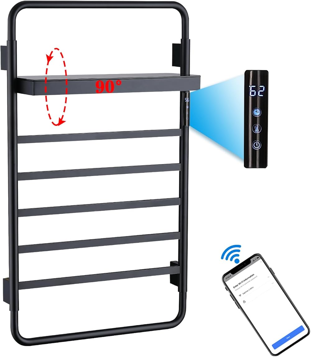 Towel Warmer Black Smart WiFi Heated Towel Rack Voice Control with Foldable Storage Rack Built-in Timer, 113°F—158°F, 5 Bars Towel Heater Rack 65W Electric Hot Towel Rack IPX4 Wall Mounted