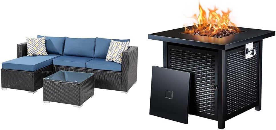 Shintenchi Patio Furniture Sets 3 Pieces Outdoor Sectional Sofa Black & Ciays Propane Fire Pits 28 Inch Outdoor Gas Fire Pit, 50,000 BTU Steel Fire Table