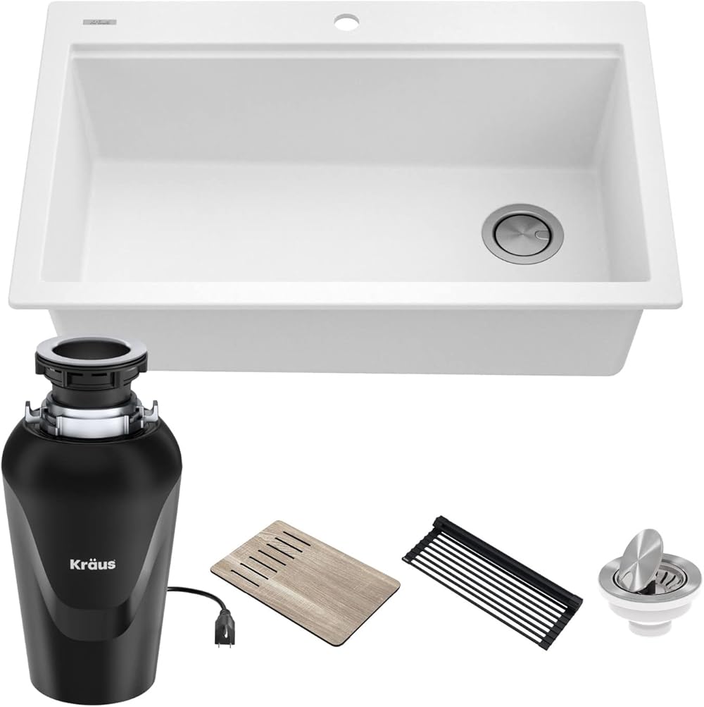 KRAUS Bellucci Workstation 33 in. Drop-In Granite Composite Single Bowl Kitchen Sink in White with Accessories with WasteGuard™ Continuous Feed Garbage Disposal, KGTW1-33WH-100-75MB