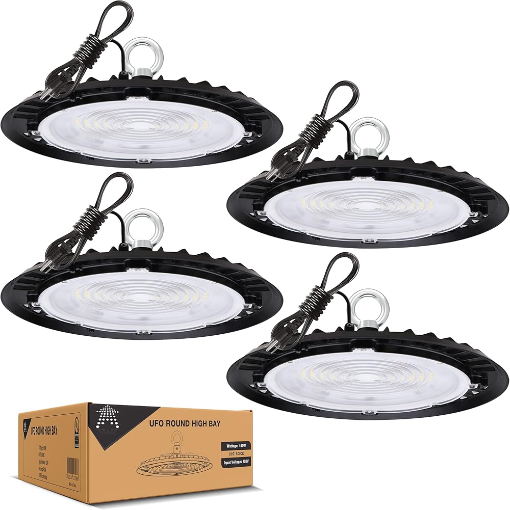 [UPGRADED] UFO 150W High Bay LED Light 4 Pack-UL Listed Ultra sleek & Bright 5000k Daylight-17250lm with 6ft Cable & Plug-Commercial Bay Lighting for Workshop,Factory,Garage Shop Lighting Fixture