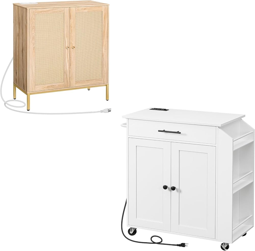 HOOBRO Kitchen Island with Power Outlet, Sideboard Buffet Cabinet, Rattan-Inspired,for Living Room, Dining Room WT82UZD01G1-ND80UCB01