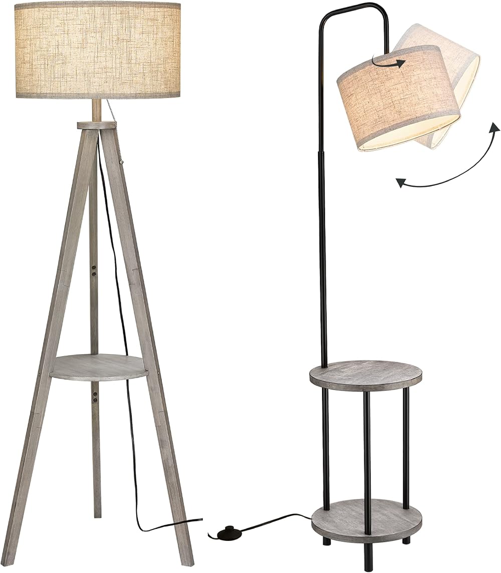 ELYONA Tripod Floor Lamp & Modern Floor Lamp with End Table, Farmhouse Tall Reading Standing Light with Beige Drum Shade for Bedroom, Office, Study Room, 9W LED Bulb Included, Grey