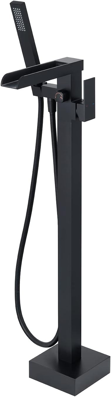 Floor Mount Freestanding Tub Filler,Bathtub Faucet High Flow Rate Waterfall Bath Filler,Matte Black Bathroom Faucet with Hand Shower