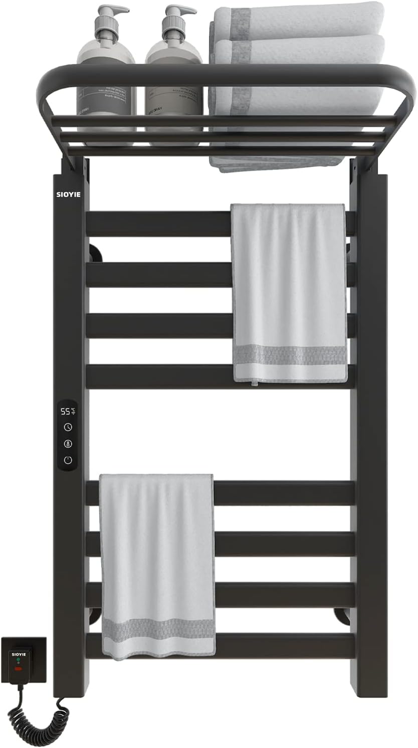 Towel Warmer, WiFi Towel Heater Rack for Bathroom with Shelf, 8-bar Electric Towel Dryer Wall-Mounted, Energy Saving Hot Towel Rack with Timer and Smart Temperature Control-WiFi Black Left