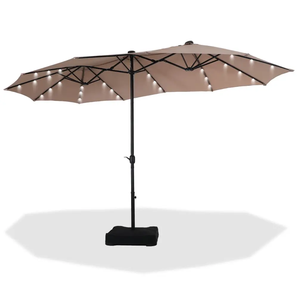 Summit Living 15ft Double-Sided Solar Patio Umbrella with Base Large Outdoor Table Umbrella with Crank Handle and 36 pcs LED lights, Beige