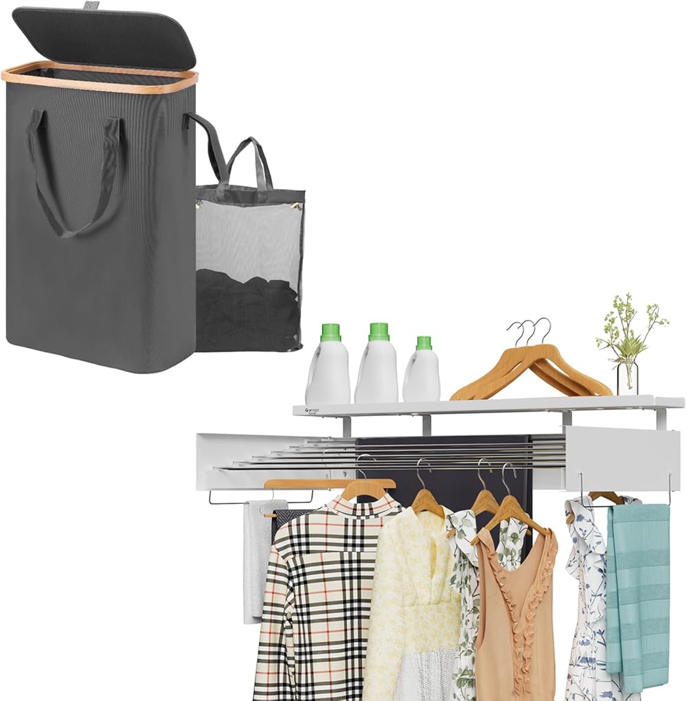 yamagahome Clothes Drying Rack with Extra Storage Board and Slim Laundry Hamper with Lid,Collapsible Drying Racks for Laundry Wall Mounted 39.4'' and Narrow Laundry Hamper with Removable Bag Grey
