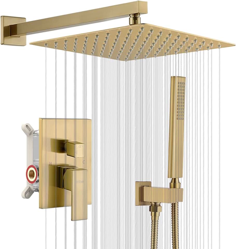 Iriber Champagne Bronze Rain Shower System with 12 Inch Shower Head and Handheld Bathroom Wall Mounted Brushed Golden Shower Set Contain Shower Faucet Mixer and Brush Gold Trim Kit (Valve Included)