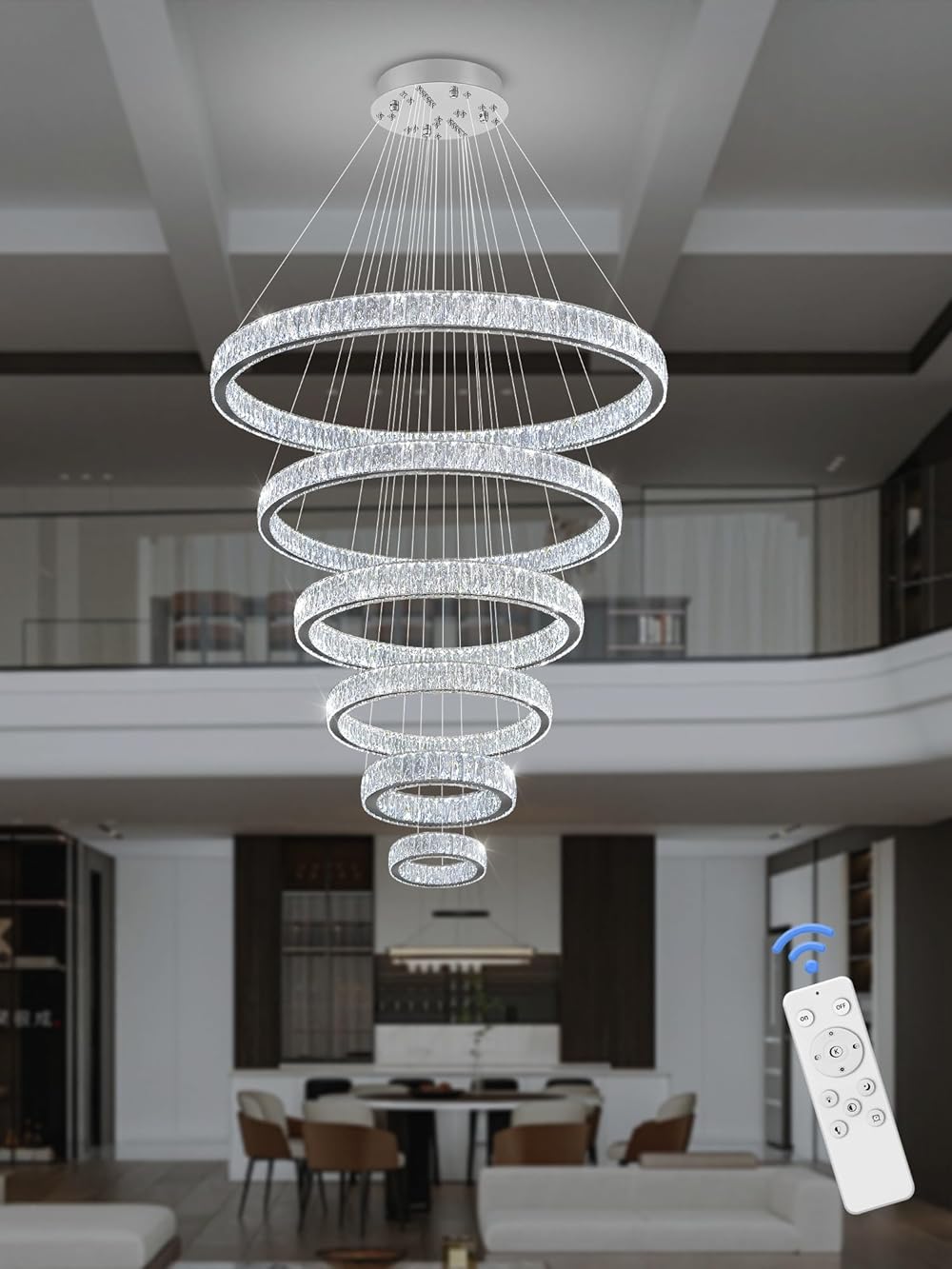Contemporary Extra Large Crystal Chandelier Modern 6 Ring LED Ceiling Pendant Light Adjustable Stainless Steel Chandeliers D8+15.7